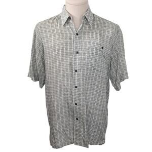 Vintage 90s 100% Silk Button Up Shirt Art Deco Gray Mens M Short Sleeve Vacation